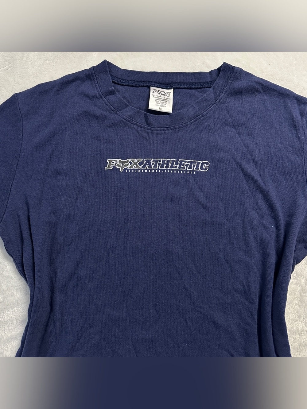 Y2K FOX women's deadstock navy white graphic baby tee, S & M.
